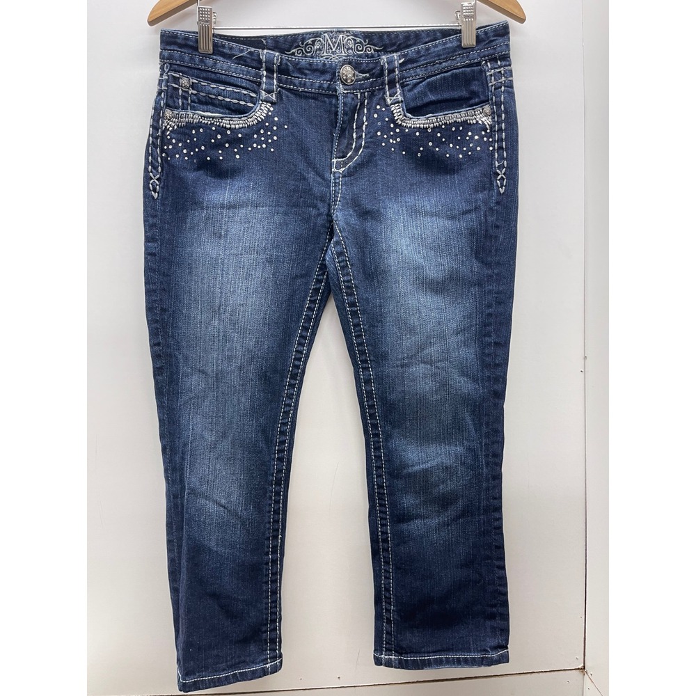 Maurices Premium Dark Wash Rhinestone Embellished Capri Jeans 7/8 Y2K low rise